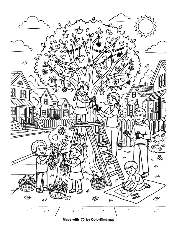 A community art club hanging handmade decorations in a welcoming neighborhood as clean black-and-white printable line art made by ColorKind