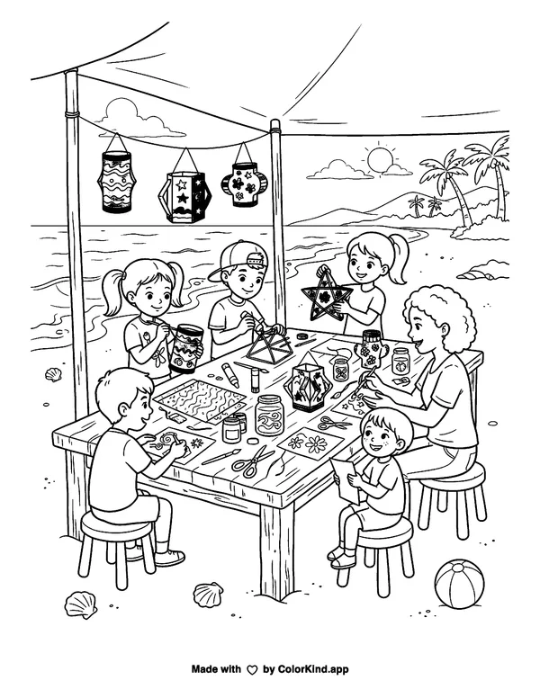 A community art club making paper lanterns near a sunny beach as clean black-and-white printable line art made by ColorKind