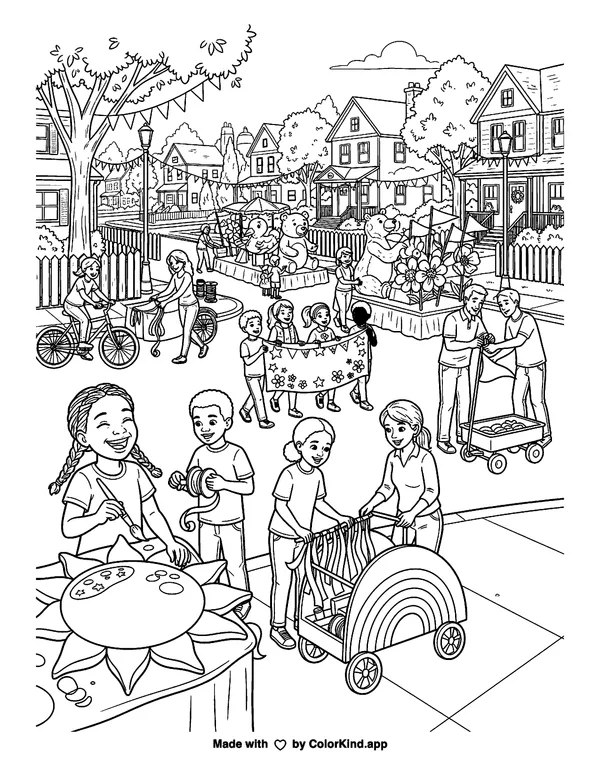A community art club preparing a cheerful parade in a welcoming neighborhood as clean black-and-white printable line art made by ColorKind