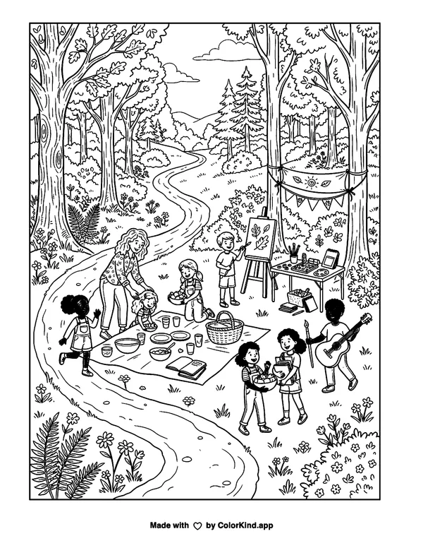 A community art club setting up a festive picnic along a winding woodland trail as clean black-and-white printable line art made by ColorKind