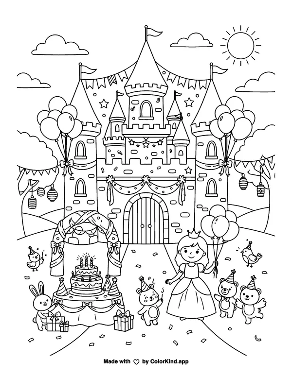 A community art club setting up a festive picnic in a lively community garden as clean black-and-white printable line art made by ColorKind