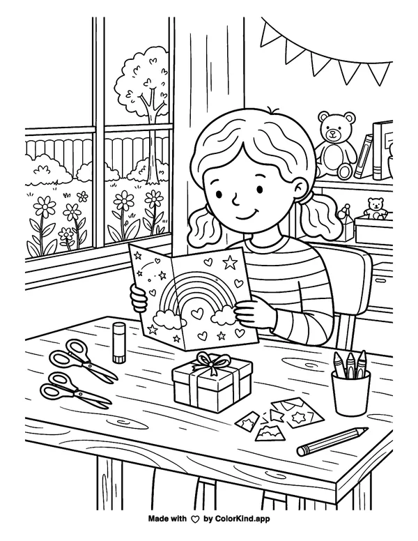 A community art club sharing homemade treats inside a warm storybook cottage as clean black-and-white printable line art made by ColorKind
