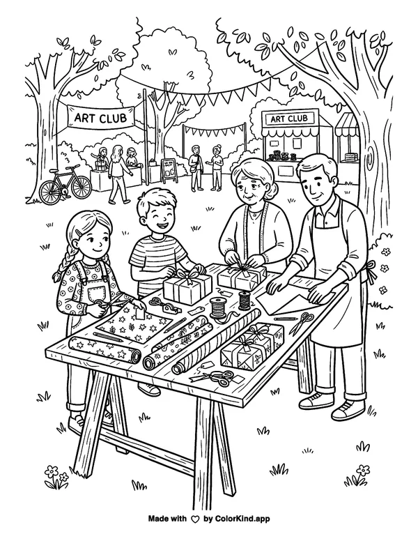 A community art club wrapping thoughtful gifts at a cheerful outdoor festival as clean black-and-white printable line art made by ColorKind