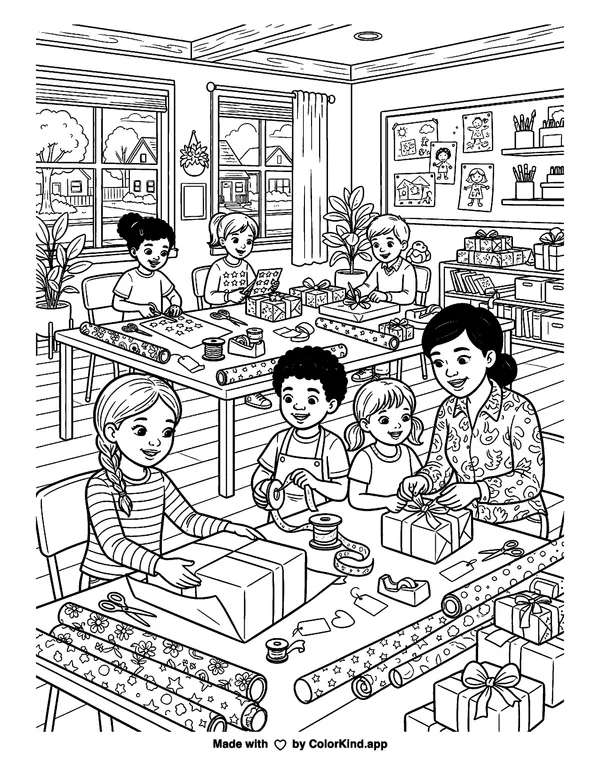 A community art club wrapping thoughtful gifts in a welcoming neighborhood as clean black-and-white printable line art made by ColorKind