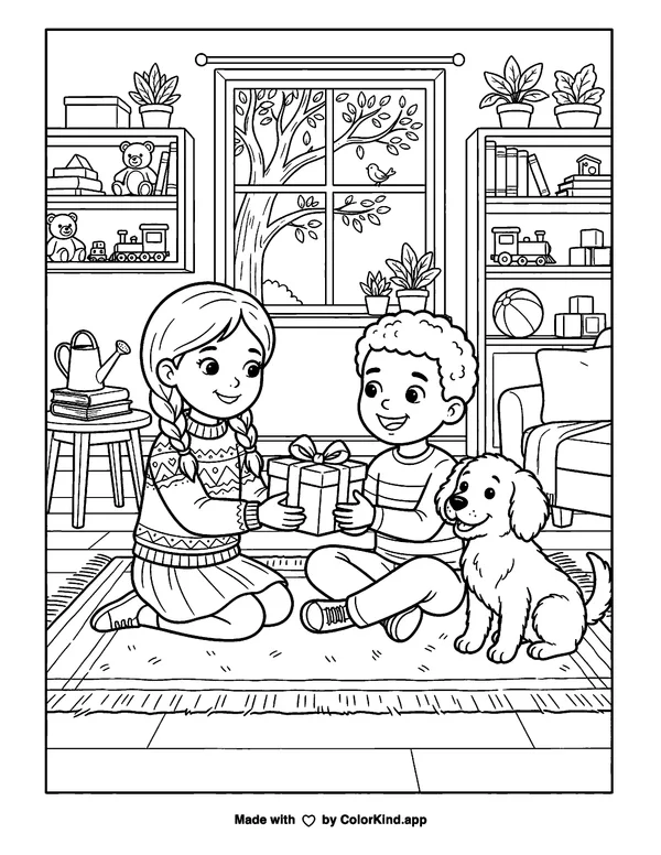 A Gift of Giving as clean black-and-white printable line art made by ColorKind