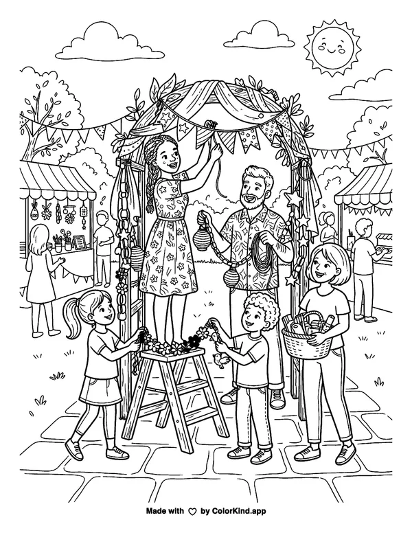 A group of neighbors hanging handmade decorations at a cheerful outdoor festival as clean black-and-white printable line art made by ColorKind