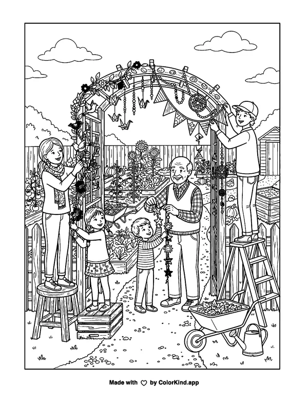 A group of neighbors hanging handmade decorations in a lively community garden as clean black-and-white printable line art made by ColorKind