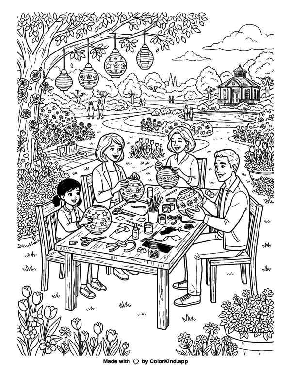 A group of neighbors making paper lanterns in a flower-filled park as clean black-and-white printable line art made by ColorKind
