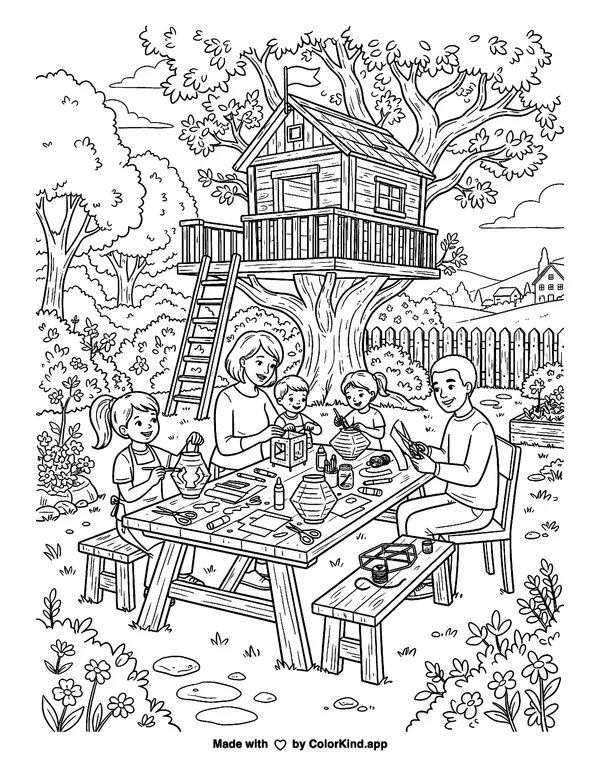 A group of neighbors making paper lanterns near a cozy treehouse as clean black-and-white printable line art made by ColorKind