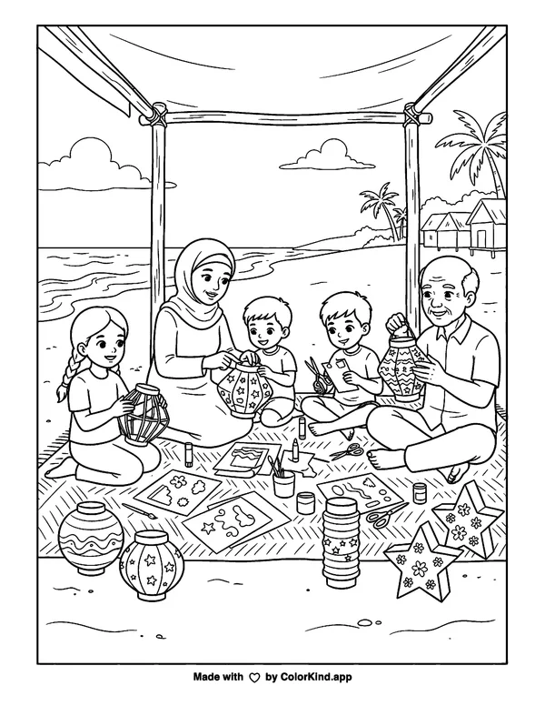 A group of neighbors making paper lanterns near a sunny beach as clean black-and-white printable line art made by ColorKind