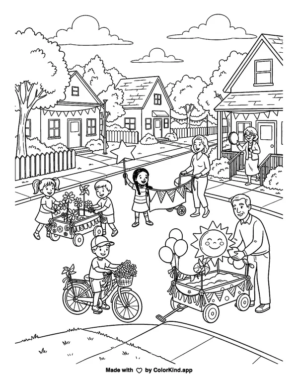 A group of neighbors preparing a cheerful parade in a welcoming neighborhood as clean black-and-white printable line art made by ColorKind