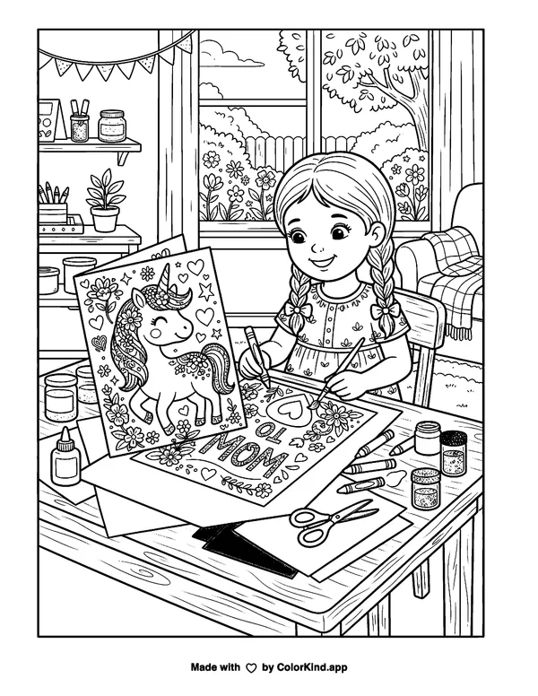 A group of neighbors preparing a cheerful parade inside a warm storybook cottage as clean black-and-white printable line art made by ColorKind