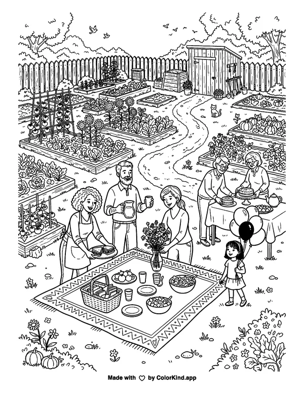 A group of neighbors setting up a festive picnic in a lively community garden as clean black-and-white printable line art made by ColorKind
