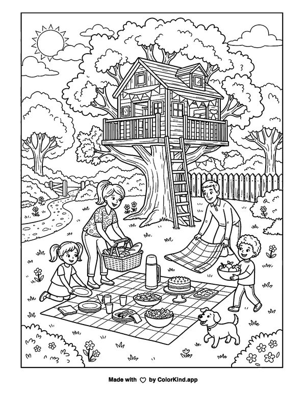 A group of neighbors setting up a festive picnic near a cozy treehouse as clean black-and-white printable line art made by ColorKind