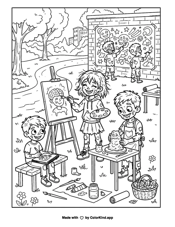A group of neighbors sharing homemade treats in a welcoming neighborhood as clean black-and-white printable line art made by ColorKind