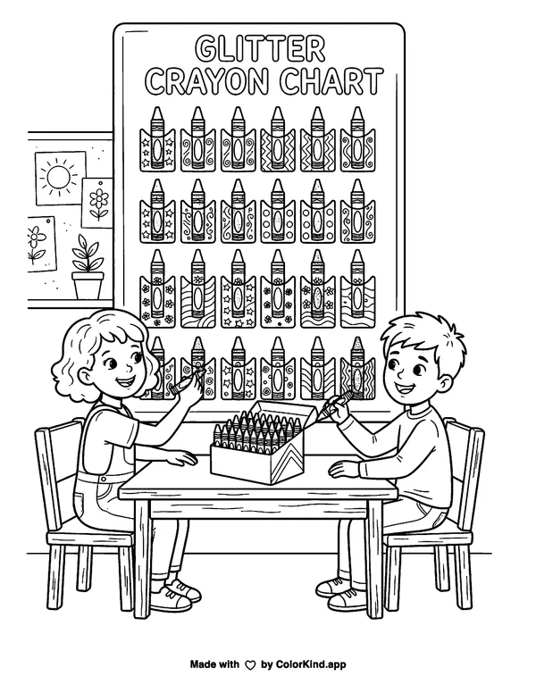 Children at an art table as clean black-and-white printable line art made by ColorKind