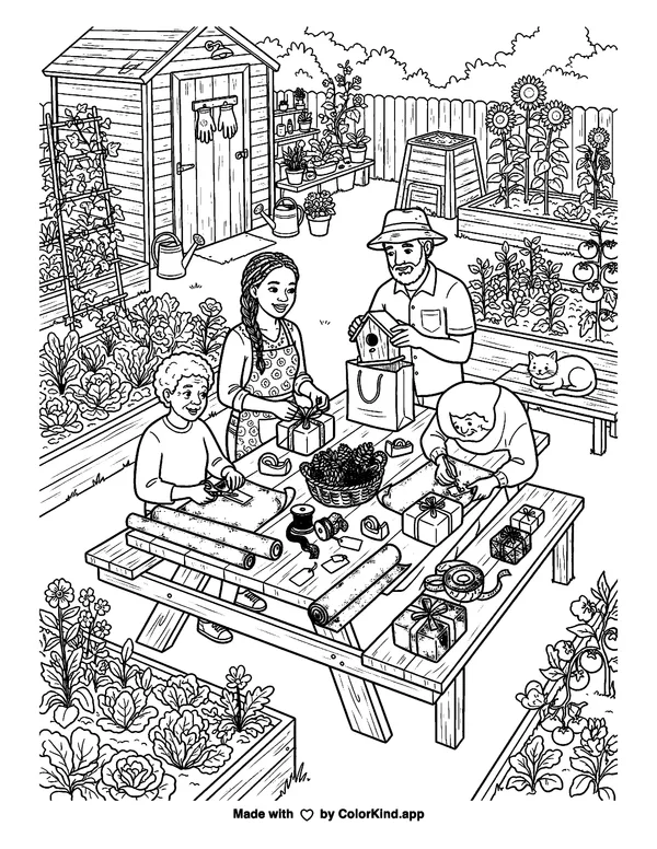 A group of neighbors wrapping thoughtful gifts in a lively community garden as clean black-and-white printable line art made by ColorKind