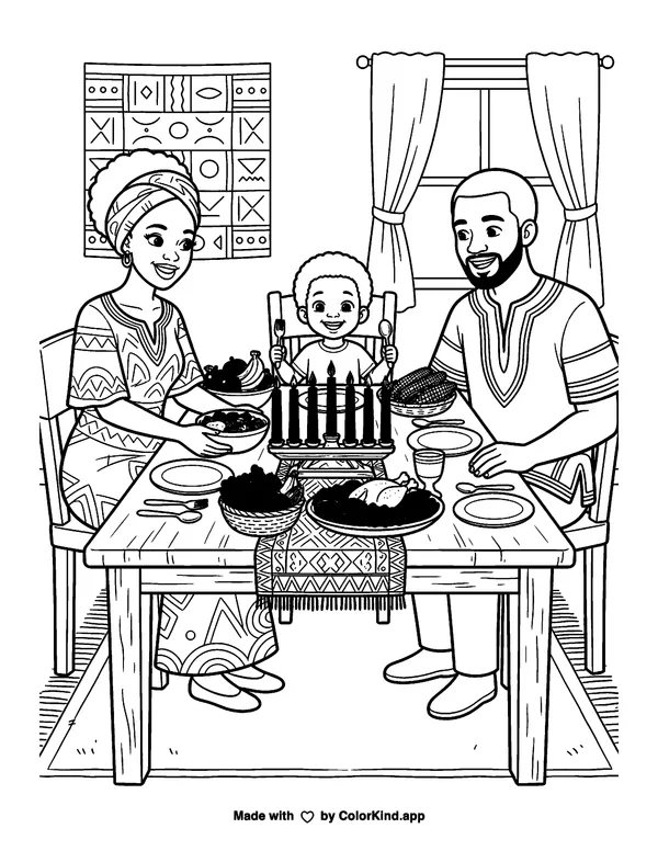 A Kwanzaa Feast as clean black-and-white printable line art made by ColorKind