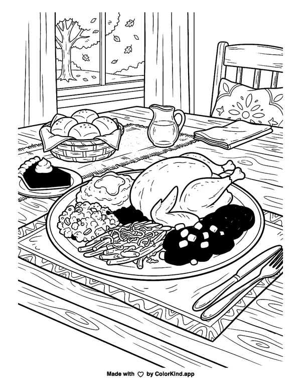 A Thanksgiving Plate as clean black-and-white printable line art made by ColorKind