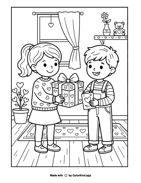 A Valentine's Day Gift as clean black-and-white printable line art made by ColorKind
