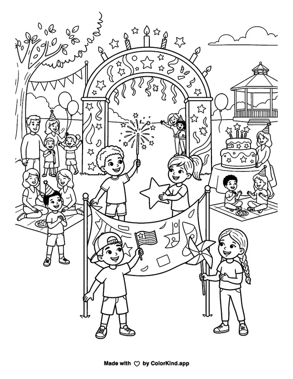 America's 250th Birthday as clean black-and-white printable line art made by ColorKind
