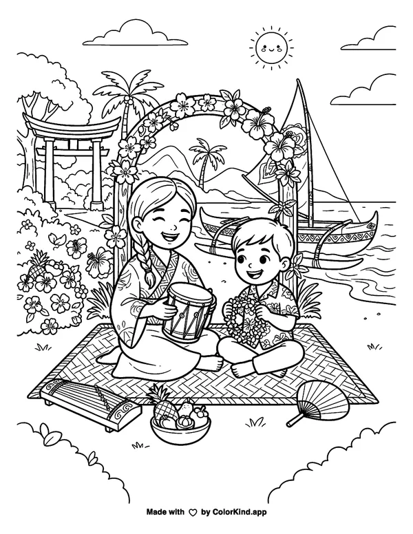 Asian American and Pacific Islander Heritage Month as clean black-and-white printable line art made by ColorKind