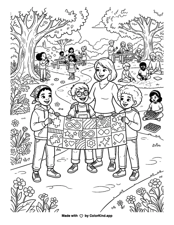 Autism Acceptance Month as clean black-and-white printable line art made by ColorKind