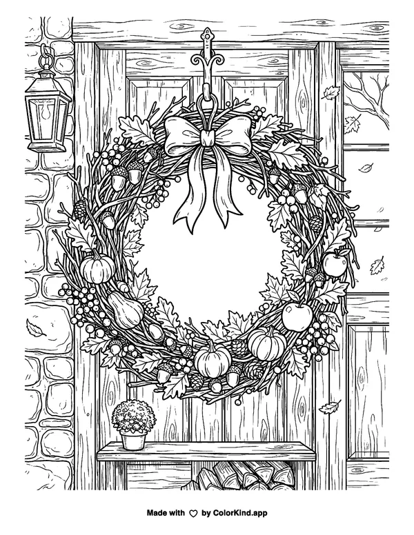 Autumn Wreath as clean black-and-white printable line art made by ColorKind