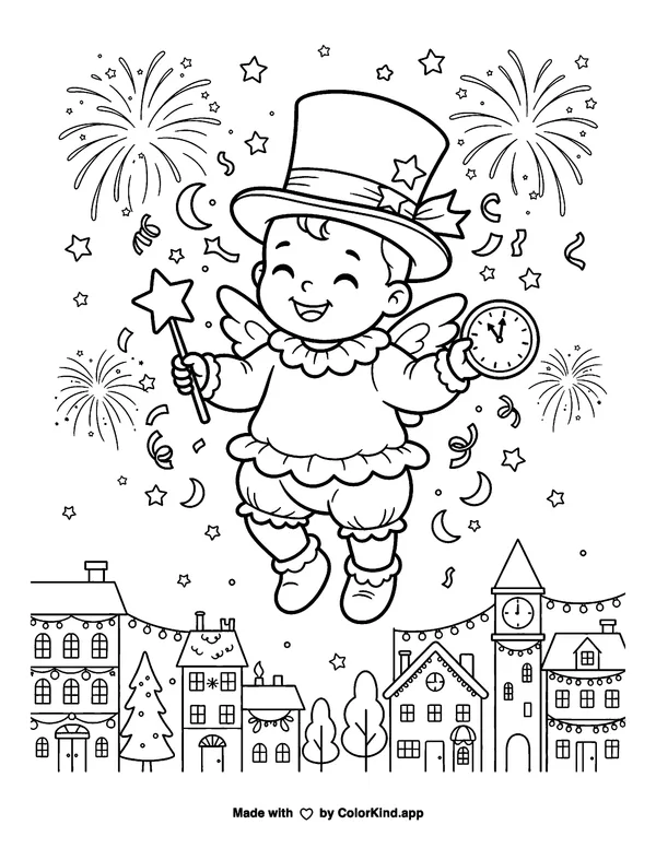 Baby New Year as clean black-and-white printable line art made by ColorKind