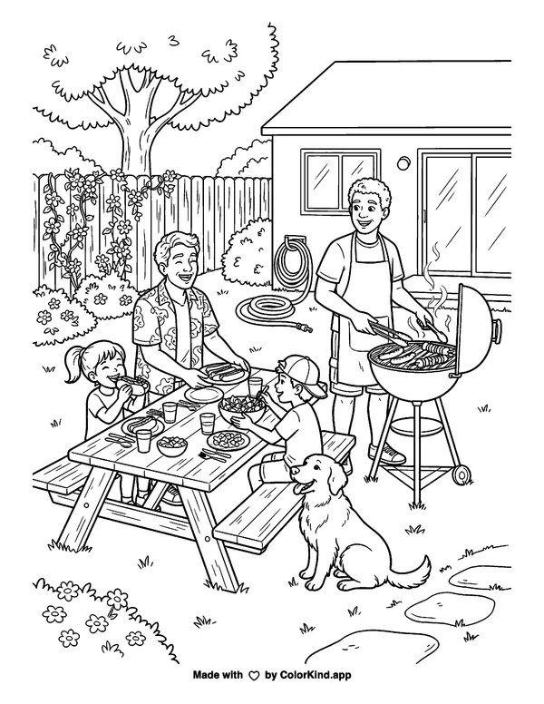 Backyard BBQ with Two Dads as clean black-and-white printable line art made by ColorKind