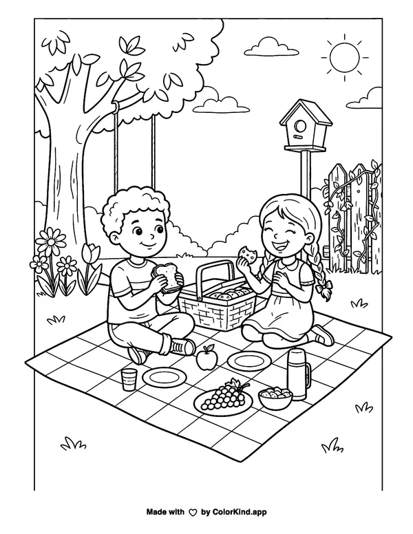 Backyard Picnic as clean black-and-white printable line art made by ColorKind