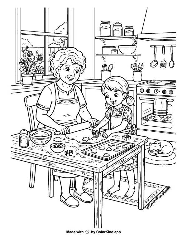 Baking Cookies With Grandma as clean black-and-white printable line art made by ColorKind