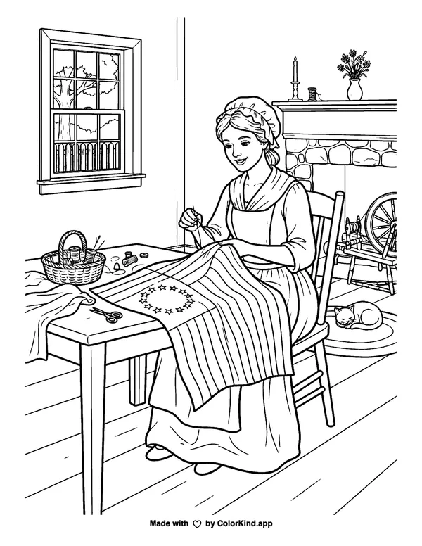 Betsy Ross as clean black-and-white printable line art made by ColorKind