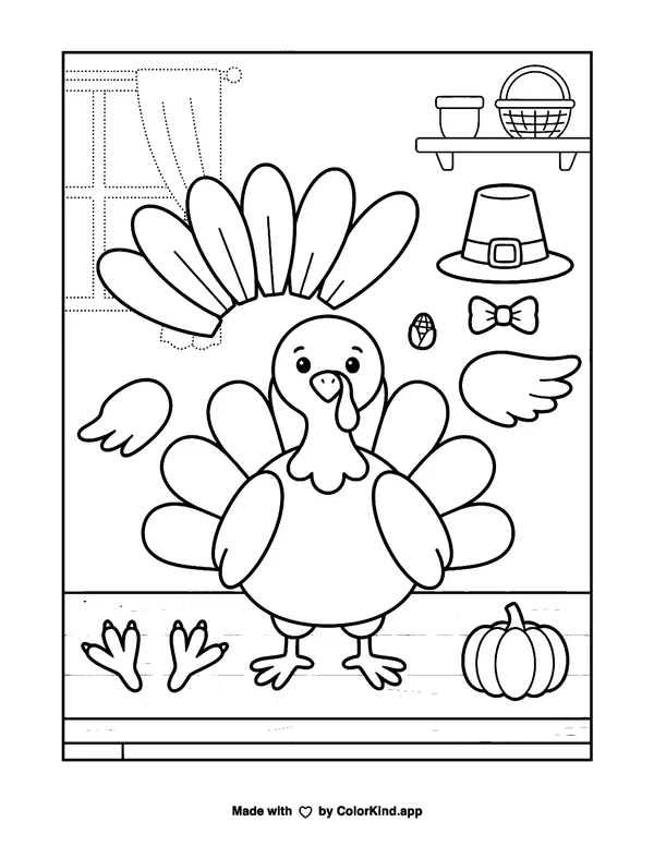 Build Your Own Turkey as clean black-and-white printable line art made by ColorKind