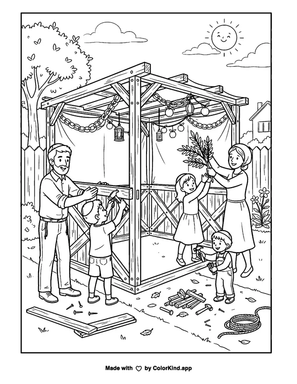 Building a Sukkah as clean black-and-white printable line art made by ColorKind
