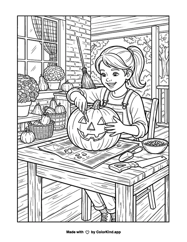 Carving a Pumpkin as clean black-and-white printable line art made by ColorKind
