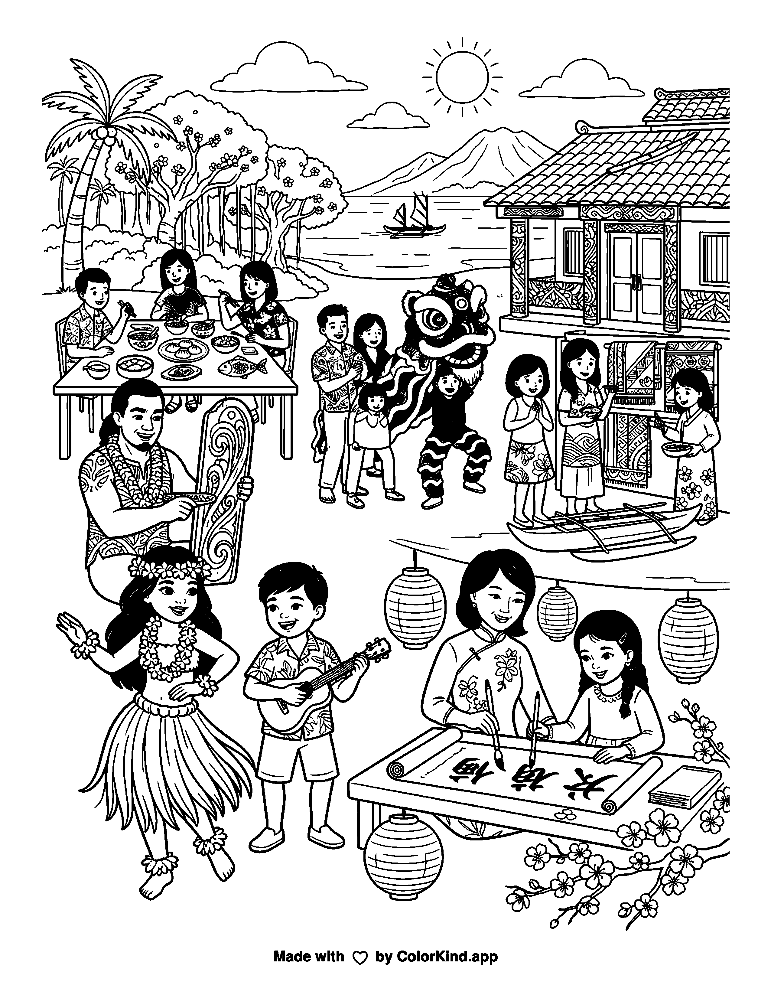 Celebrating Asian American and Native Hawaiian Pacific Islander Heritage Month as clean black-and-white printable line art made by ColorKind