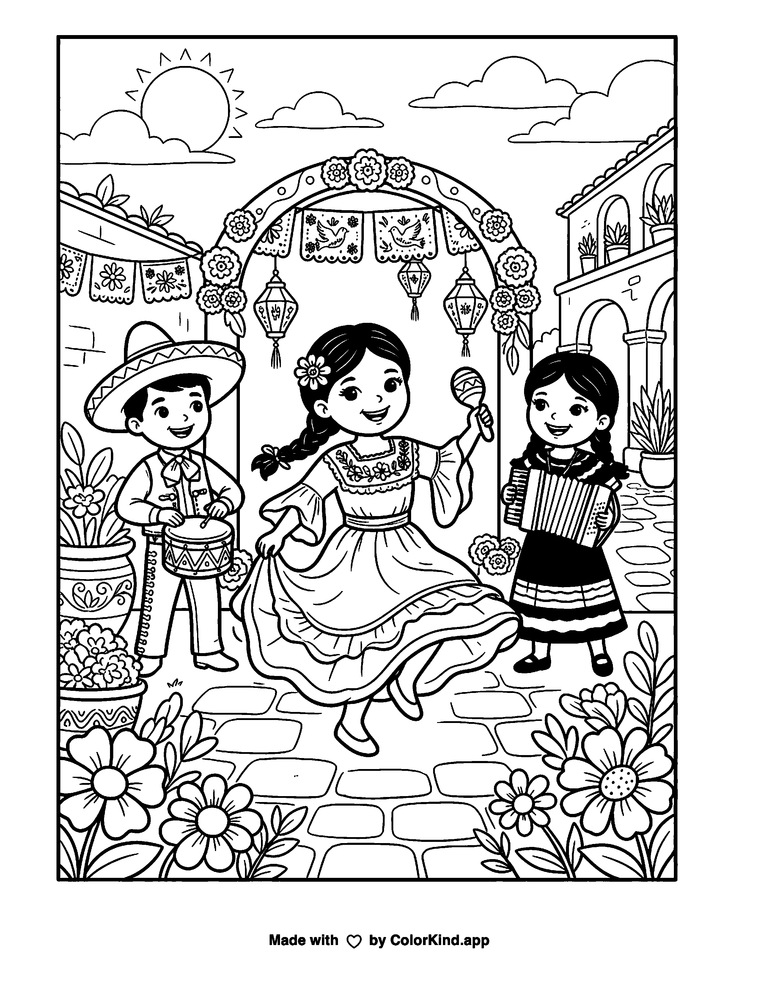 Celebrating Hispanic Heritage as clean black-and-white printable line art made by ColorKind