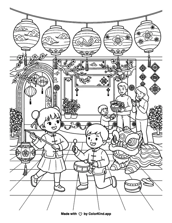 Celebrating Lunar New Year as clean black-and-white printable line art made by ColorKind