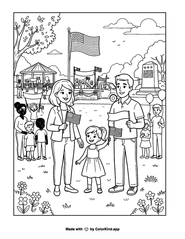 Celebrating Memorial Day as clean black-and-white printable line art made by ColorKind