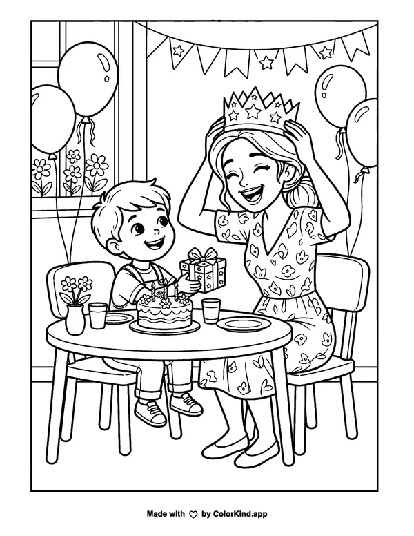 Celebrating Mom as clean black-and-white printable line art made by ColorKind