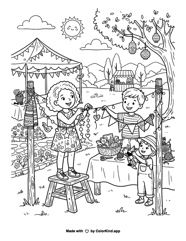 Children hanging handmade decorations at a cheerful outdoor festival as clean black-and-white printable line art made by ColorKind