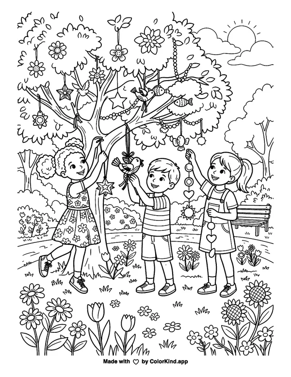 Children hanging handmade decorations in a flower-filled park as clean black-and-white printable line art made by ColorKind