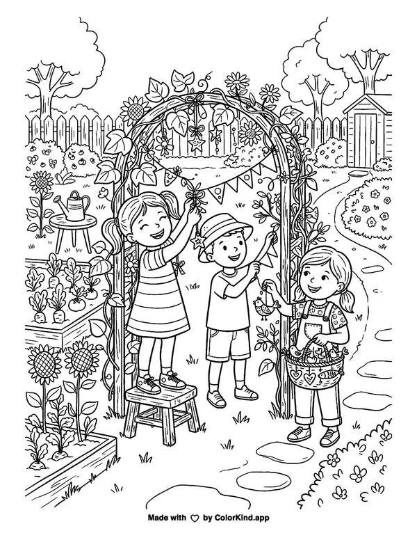 Children hanging handmade decorations in a lively community garden as clean black-and-white printable line art made by ColorKind
