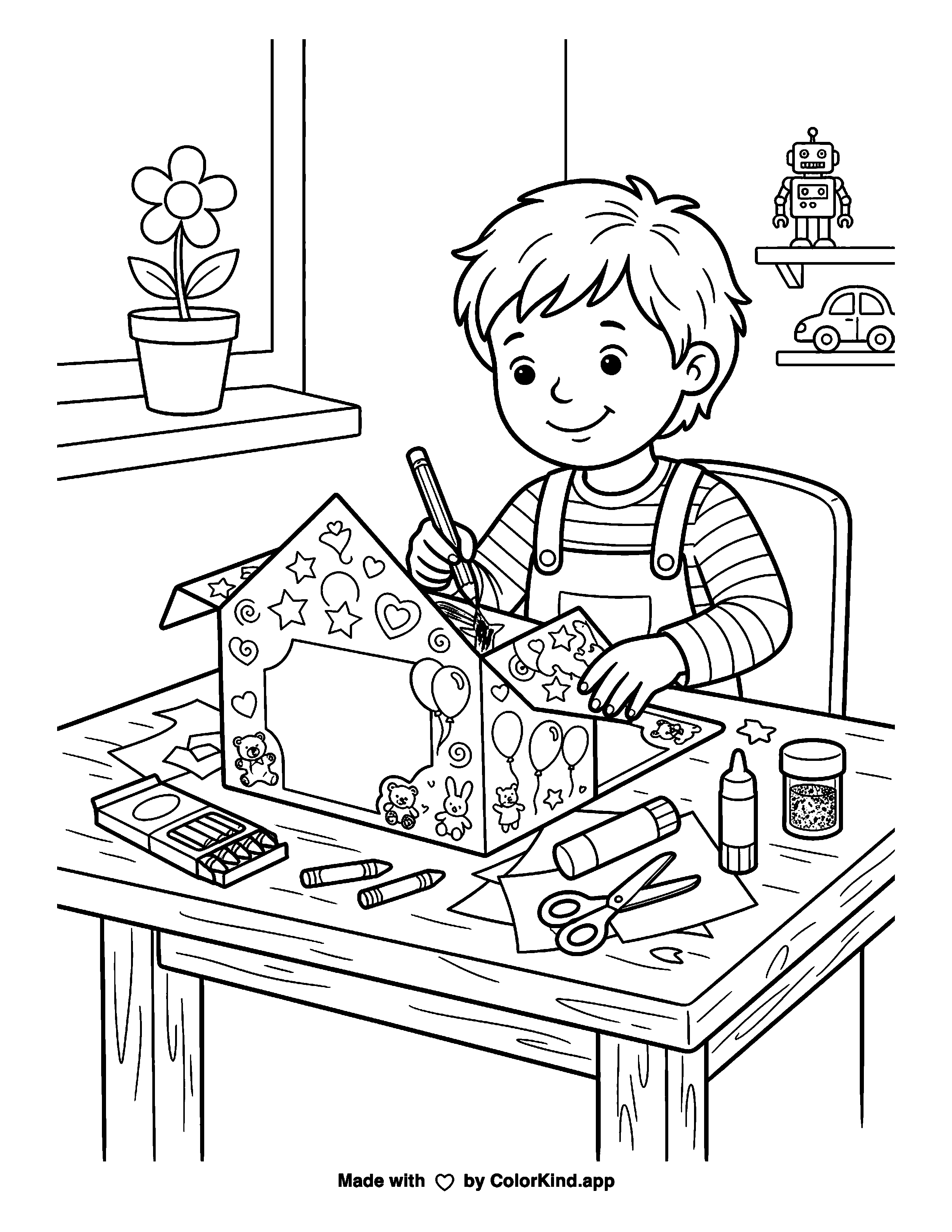 Child crafting at a table as clean black-and-white printable line art made by ColorKind