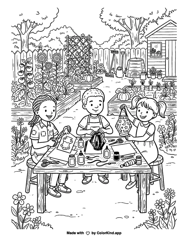 Children making paper lanterns in a lively community garden as clean black-and-white printable line art made by ColorKind