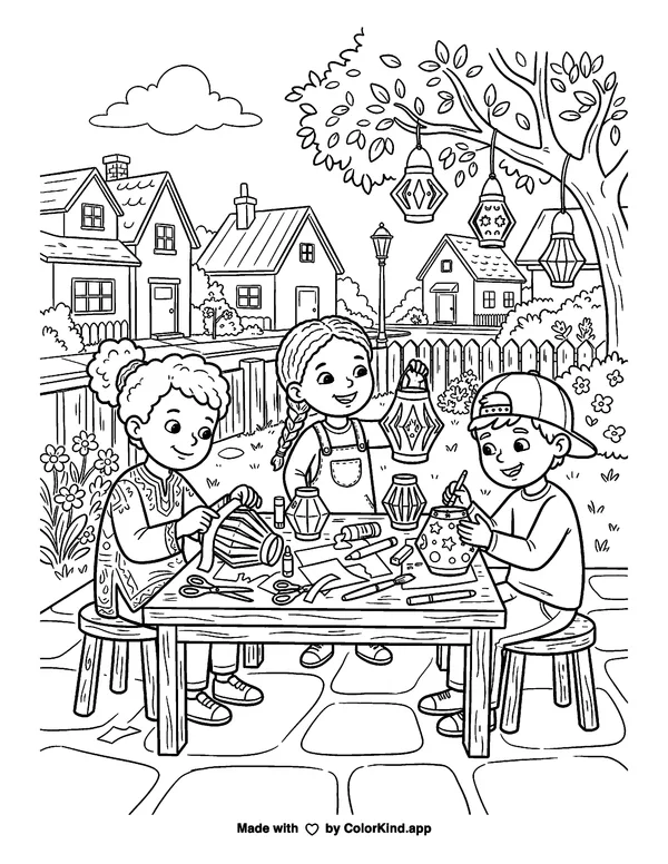 Children making paper lanterns in a welcoming neighborhood as clean black-and-white printable line art made by ColorKind