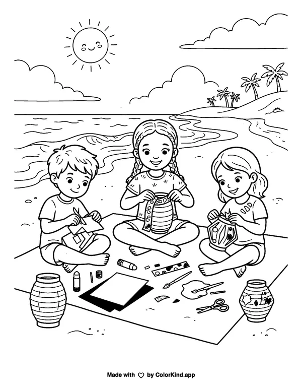 Children making paper lanterns near a sunny beach, scene 2 as clean black-and-white printable line art made by ColorKind