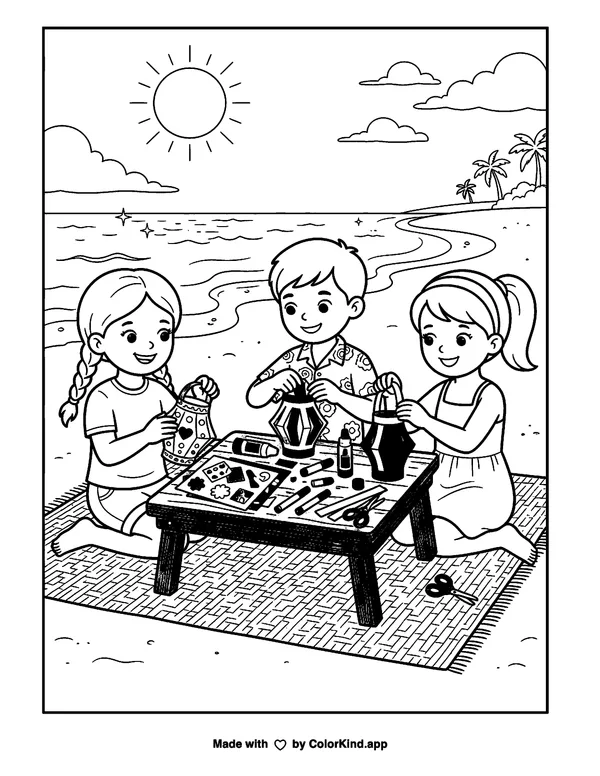 Children making paper lanterns near a sunny beach as clean black-and-white printable line art made by ColorKind