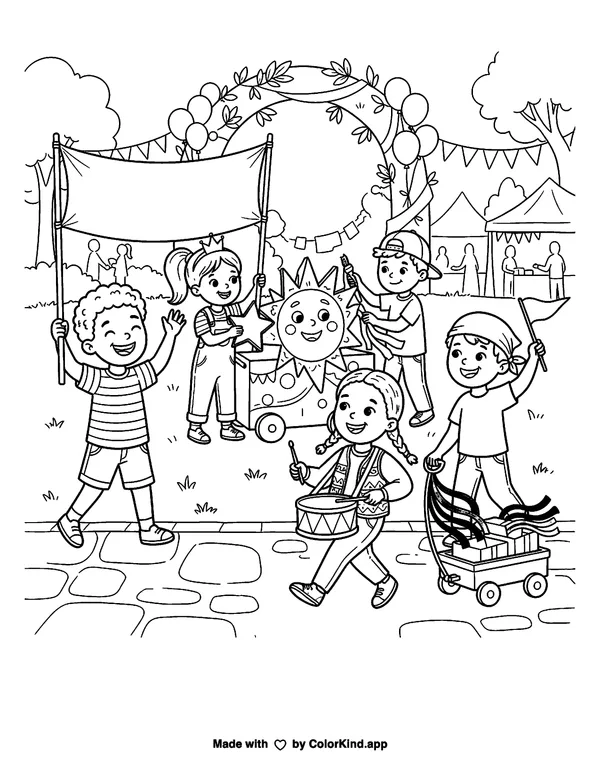 Children preparing a cheerful parade at a cheerful outdoor festival, scene 2 as clean black-and-white printable line art made by ColorKind
